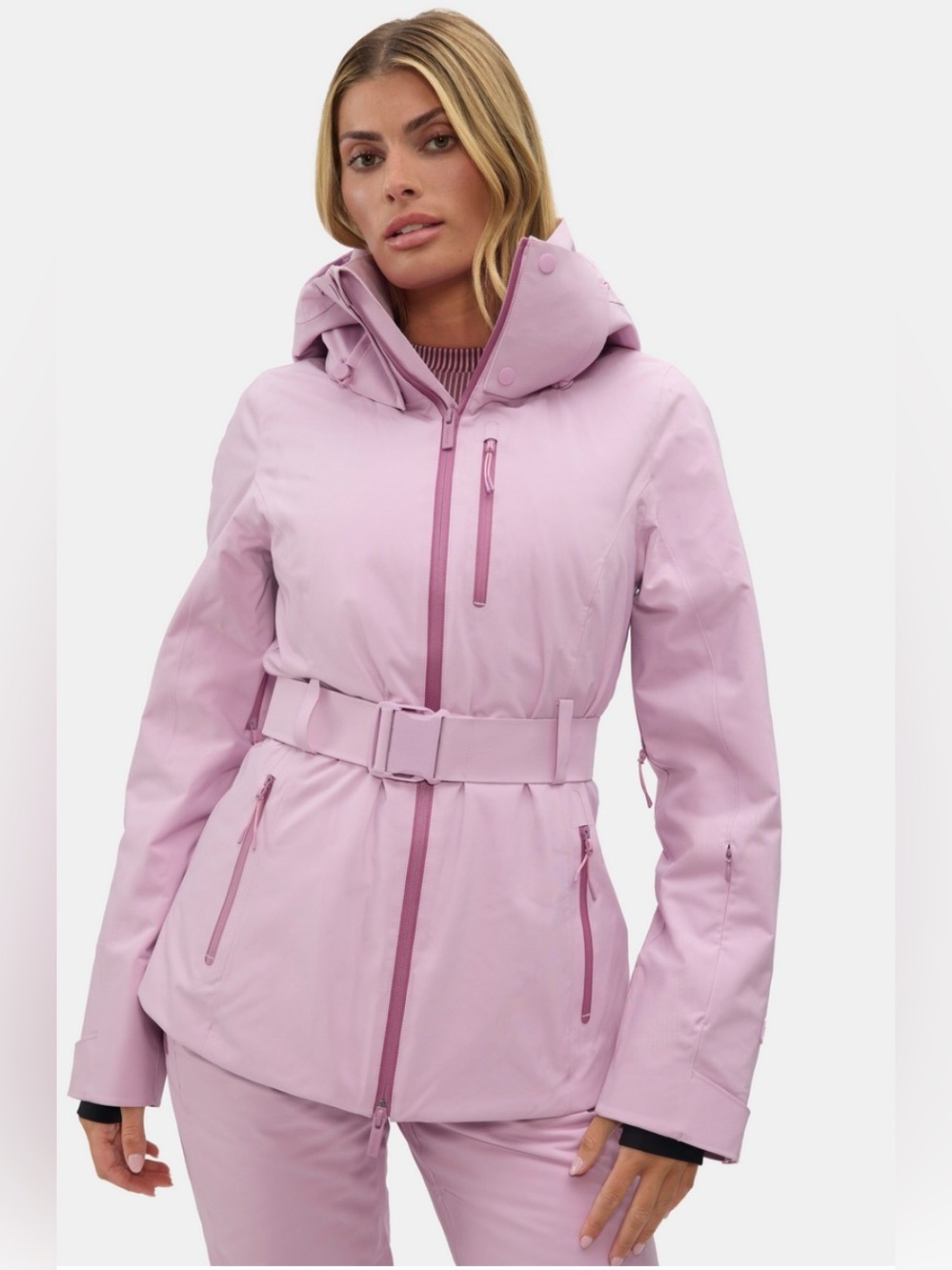 Belted Hooded Women's Ski Jacket in Light Pink